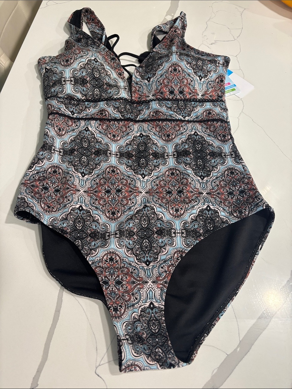 Kids One-Piece Swimsuit in Black, White & Rust Paisley Print